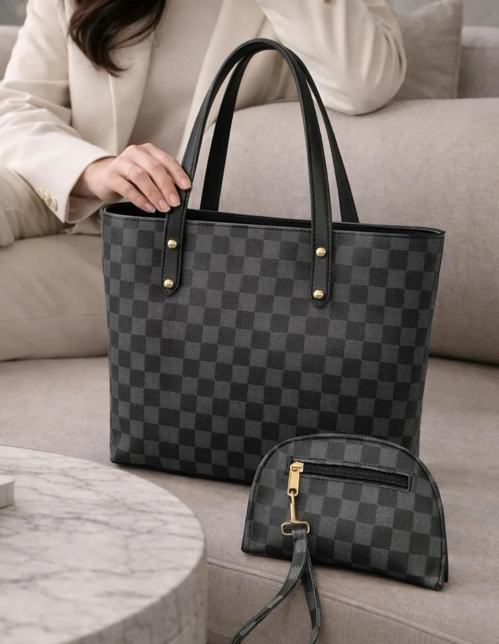 Women's Black Checkered Leather Handbag Set