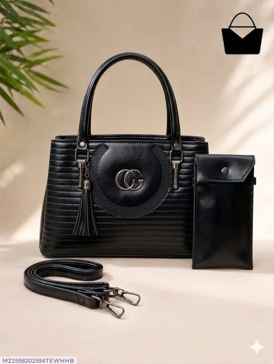 Black Leather Handbag Set for Women 2 Pcs Top Handle