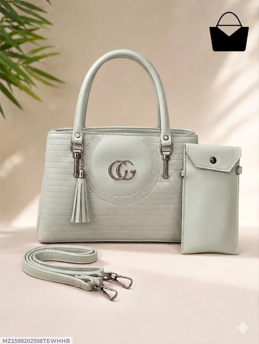 Women Grey Leather Handbag Set with Top Handle