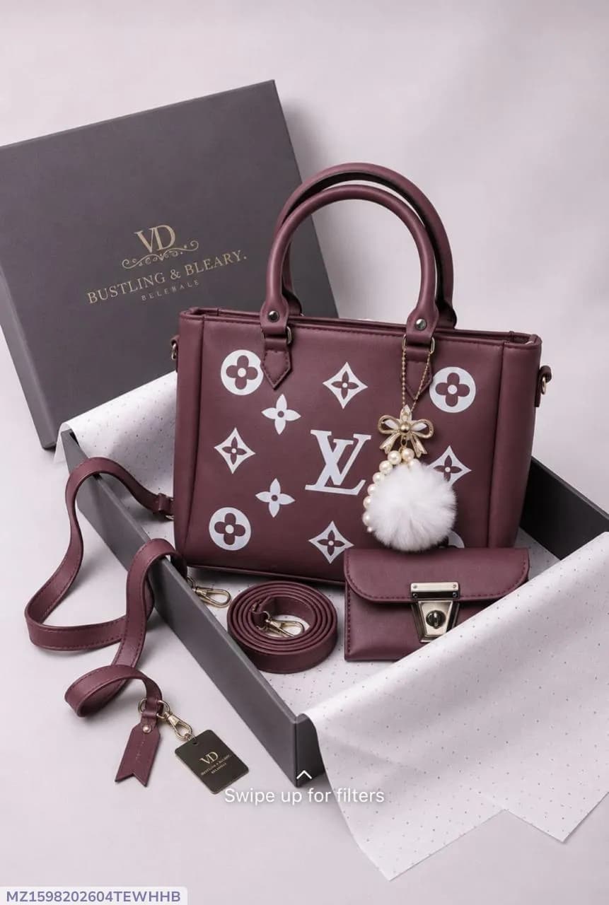 Women's Brown Leather Handbag Set with Top Handle