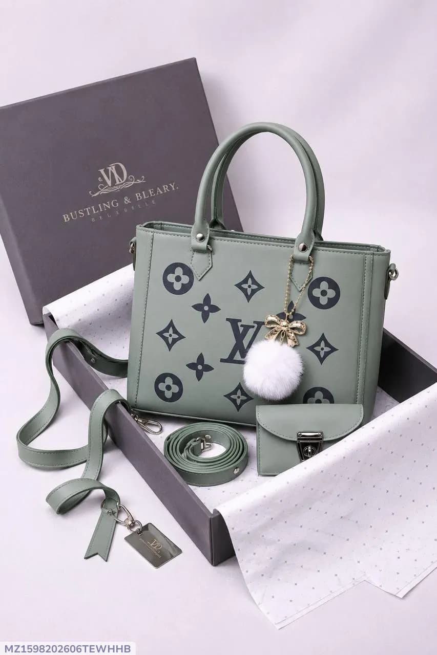 Women's Grey LV Monogram Handbag Set 2 Pcs Leather Material