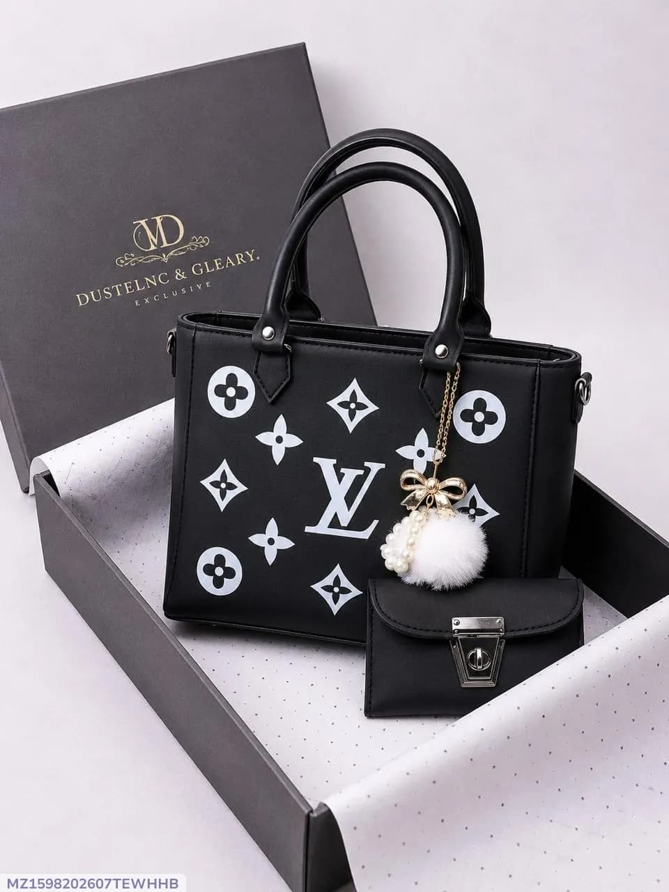 Women's Black LV Monogram Handbag Set 2 Pcs Leather
