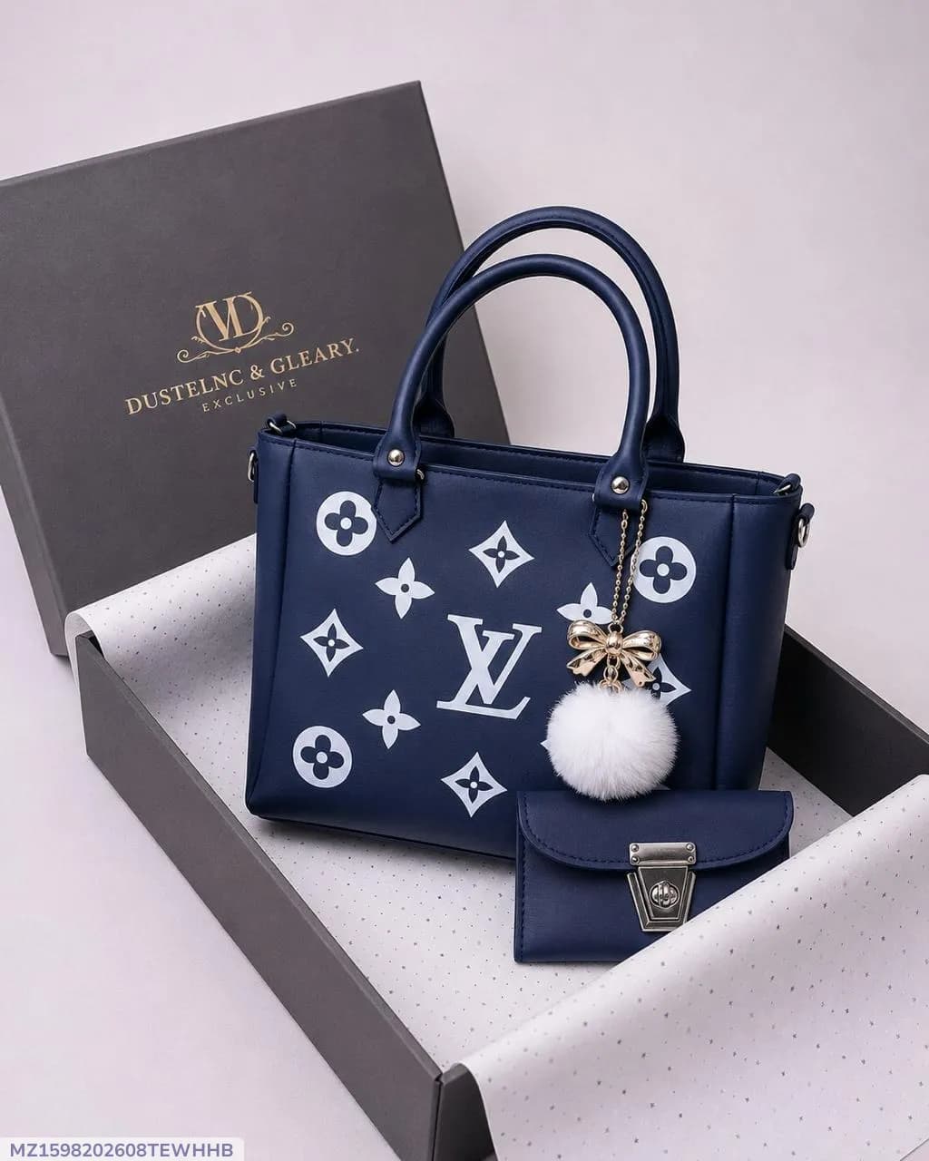Women Blue Leather Handbag Set with Top Handle