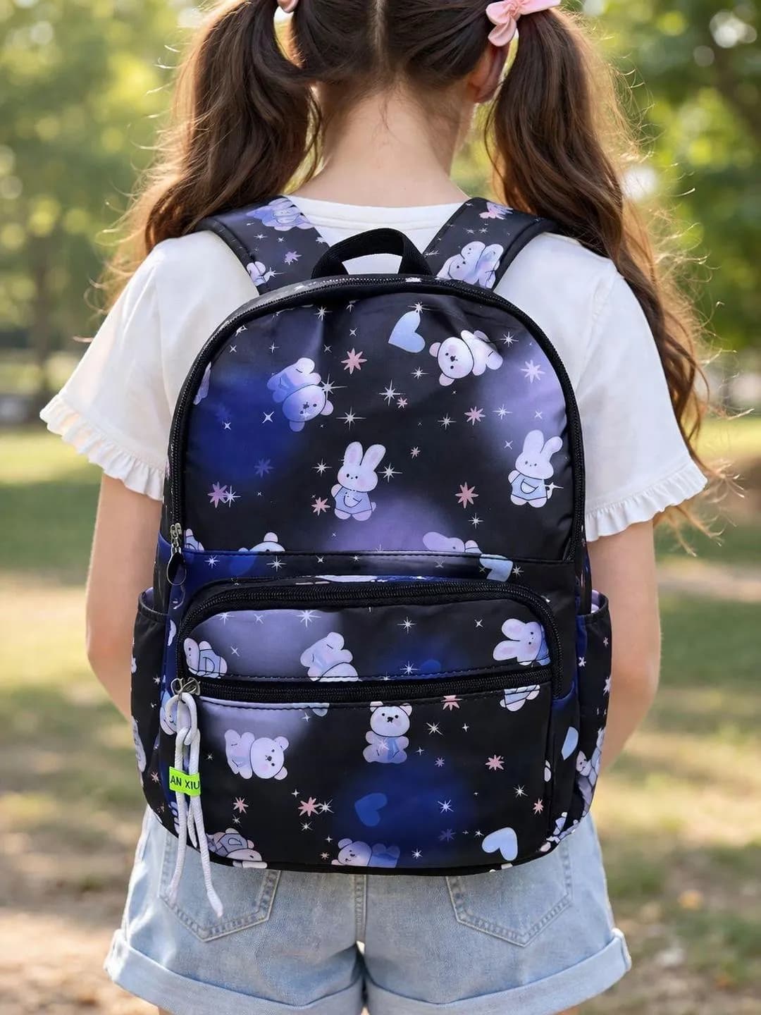 Girls Starry Blue Leather School Backpack Multicolor