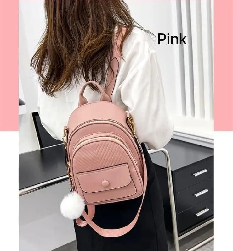 Pink Leather School Backpack for Girls with Pom Pom