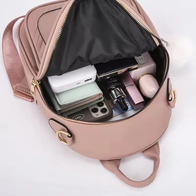Pink Leather School Backpack for Girls with Pom Pom