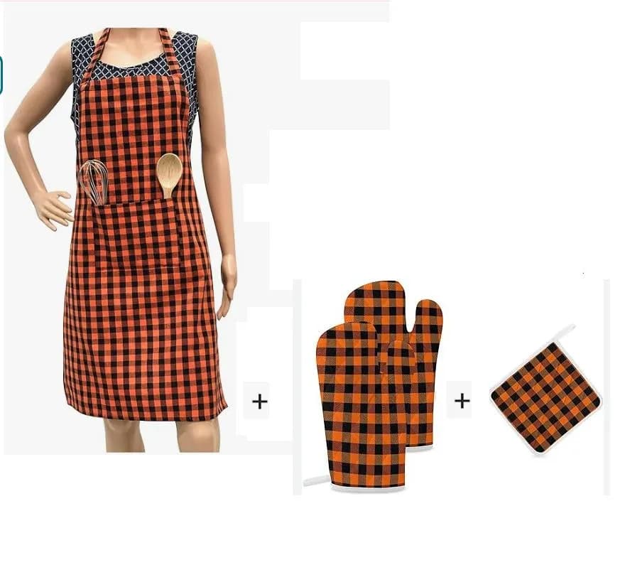 Cotton Oven Mitts & Apron Set Orange Black Checkered 4Pcs