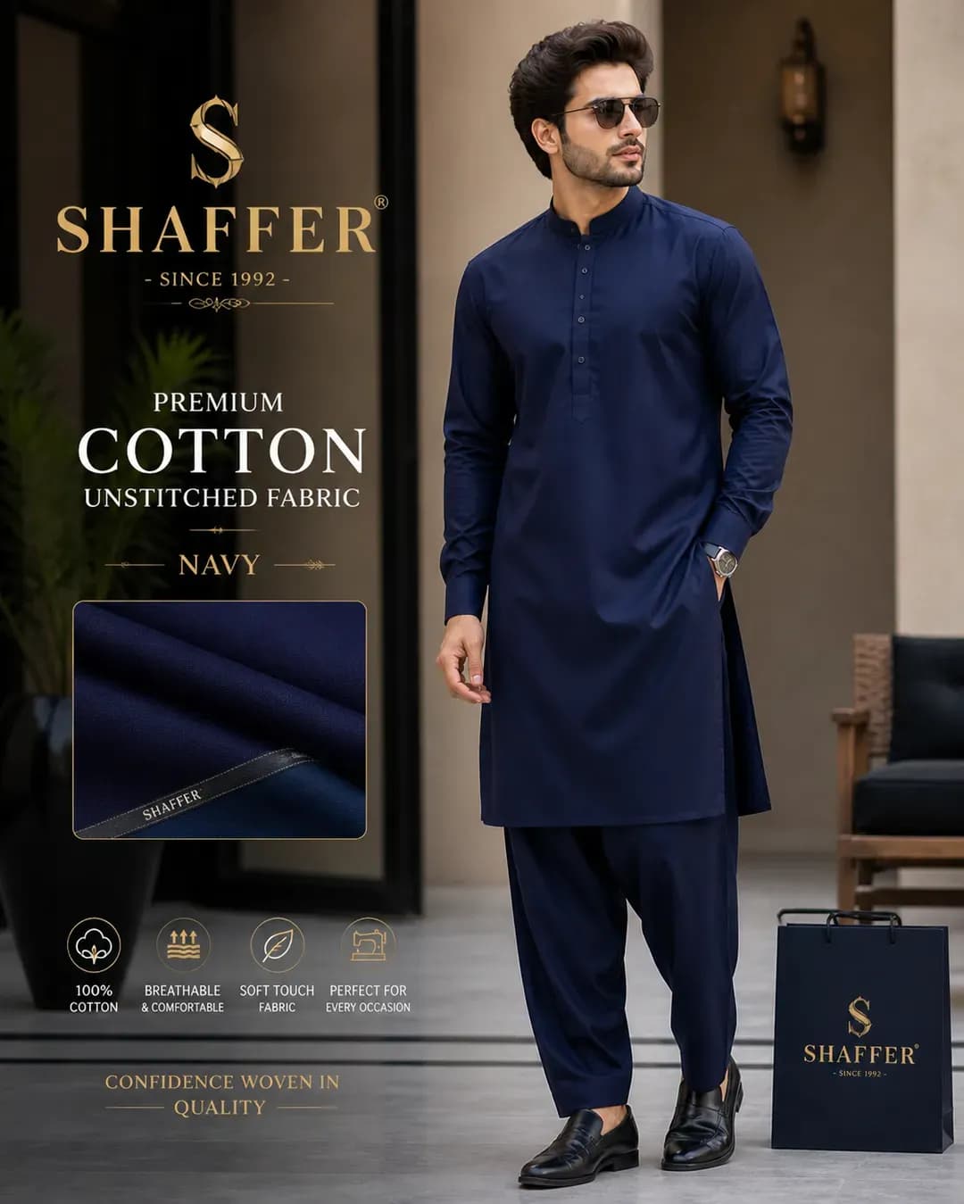 Premium Unstitched Cotton Suit Navy Blue Summer