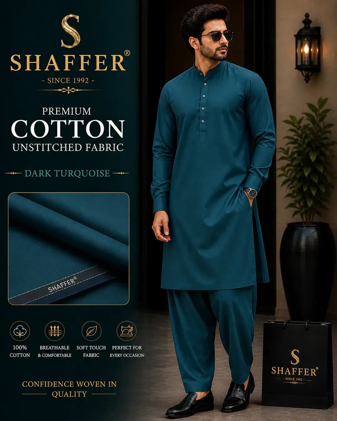 Premium Unstitched Cotton Suit Dark Turquoise Shaffer