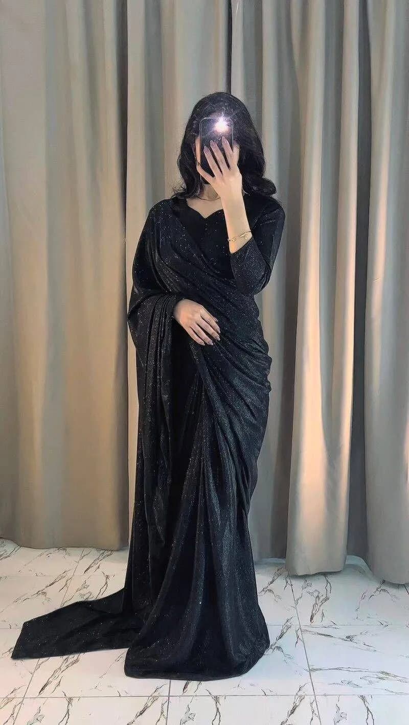 Black Glitter Saree with Long Sleeves & Floor Length