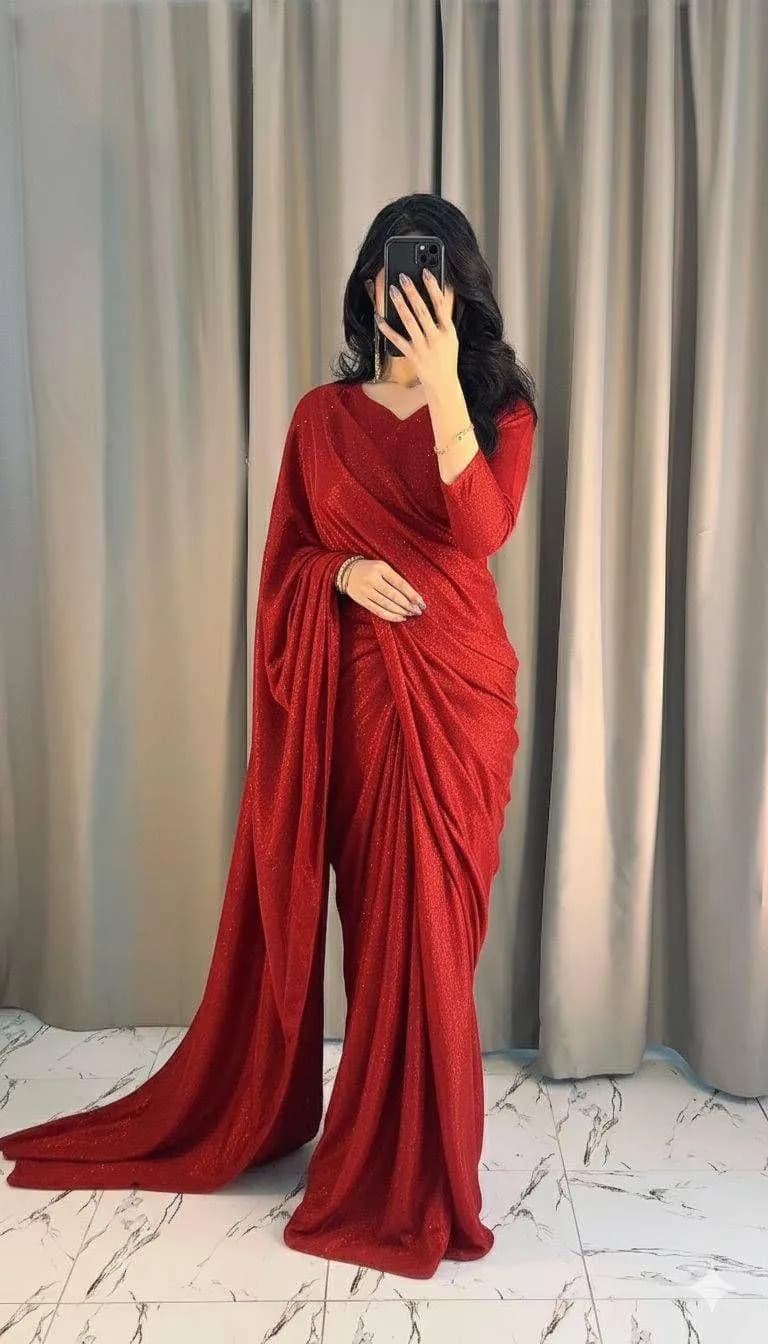 Red Glitter Saree Set for Women