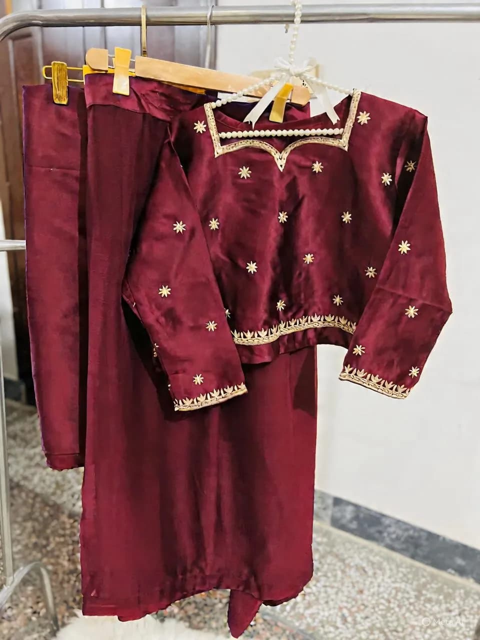 Maroon Embroidered Chiffon Saree Set for Women