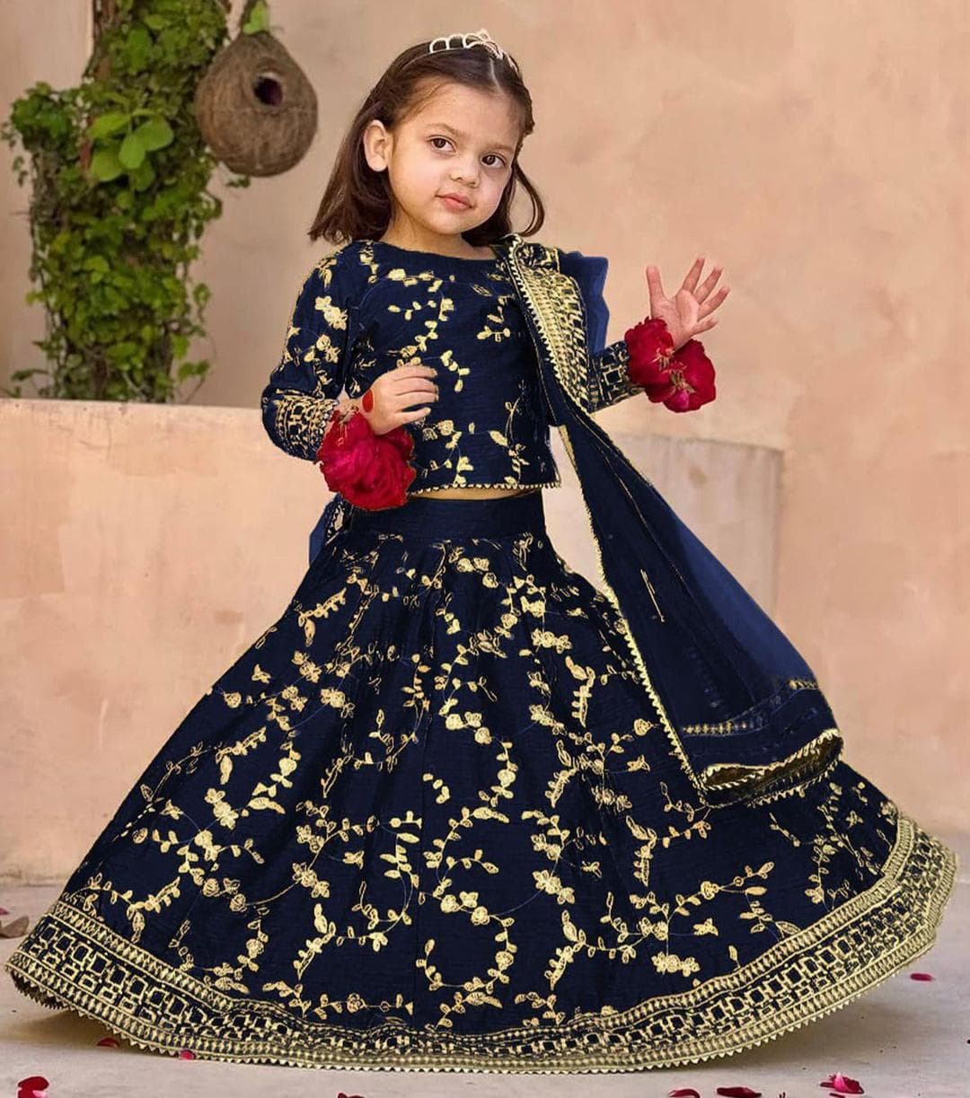 Raw Silk Embroidered Girl Outfit Navy Blue Golden 3-Piece Set