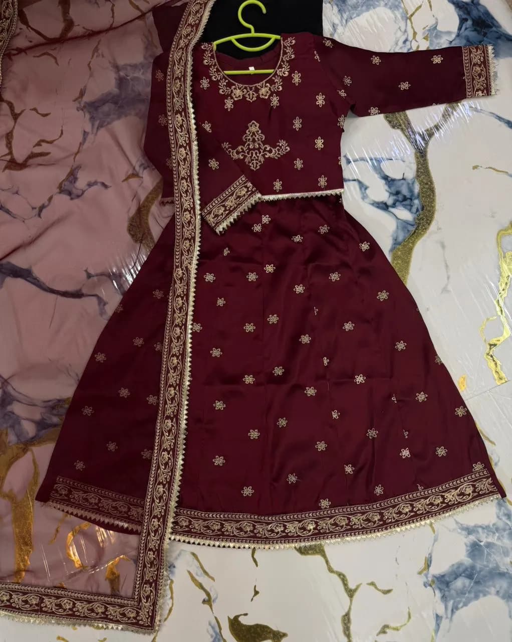 Maroon Shamoz Silk 3-Piece Eid Set for Girls 5-12 Years