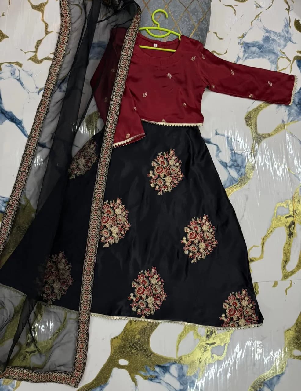 Kids Zari Embroidered 3Pcs Skirt & Dupatta Set