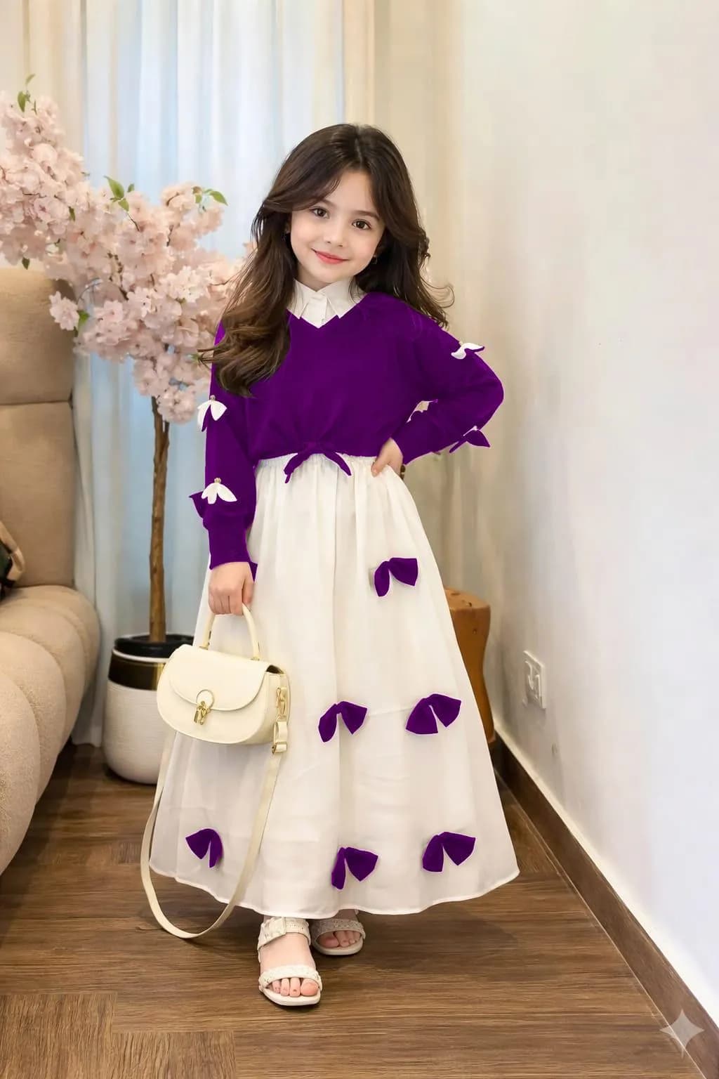 Girls Georgette Bow Top Maxi Set Purple White - image 1