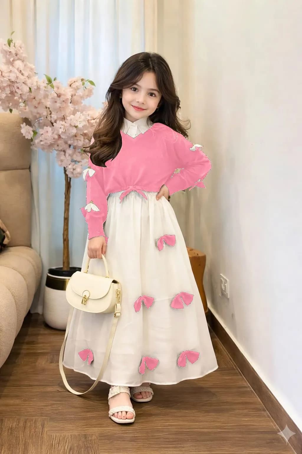 Girls Georgette Bow Top Maxi Set Pink White Bow Stitch