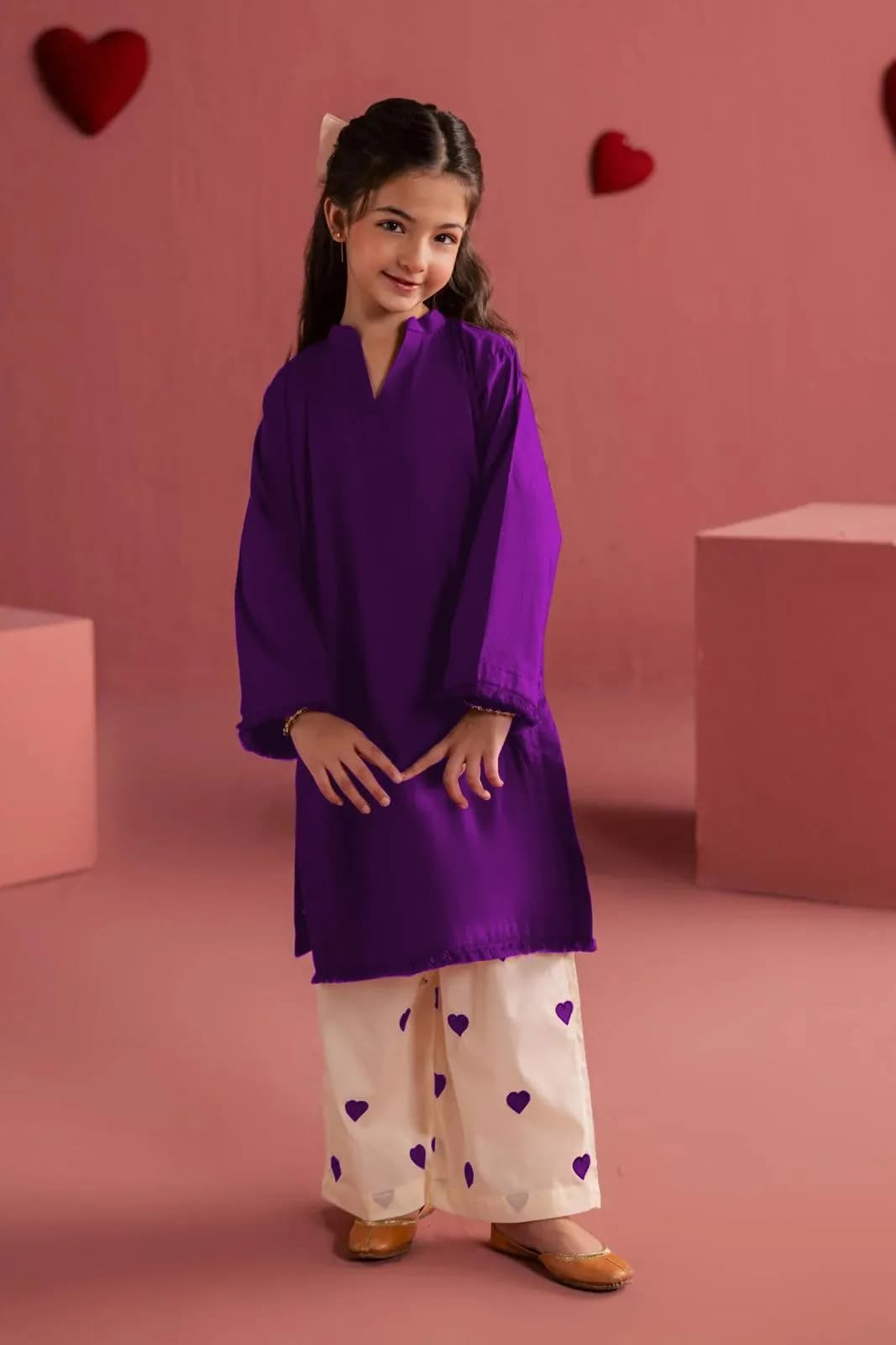 Kids Purple Lace Border Shirt With Heart Embroidery Flapper 2Pcs