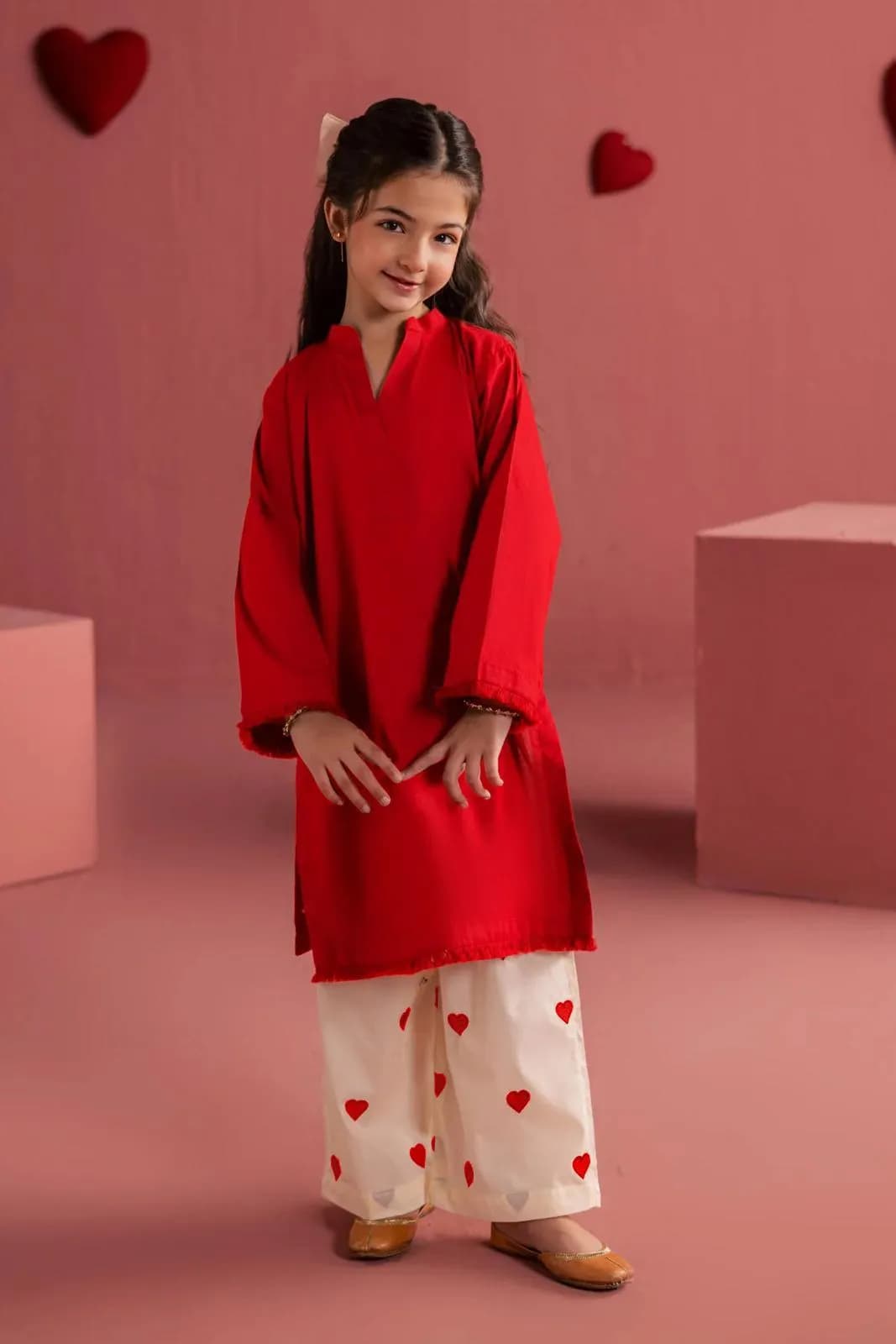 Kids Red Heart Embroidered 2Pcs Set