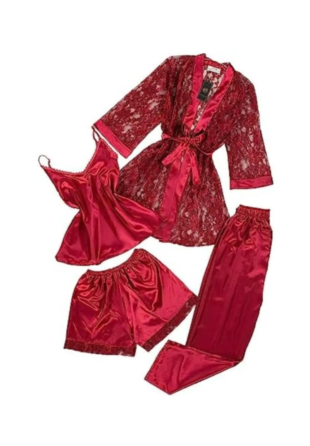 Red Lace Nighty Set 4pcs Silk Satin