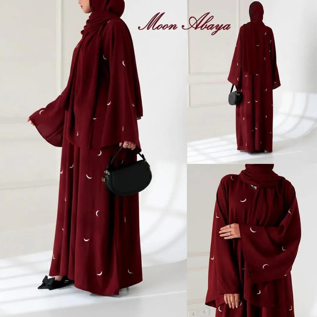 Maroon Georgette Embroidered Abaya with Moon Design