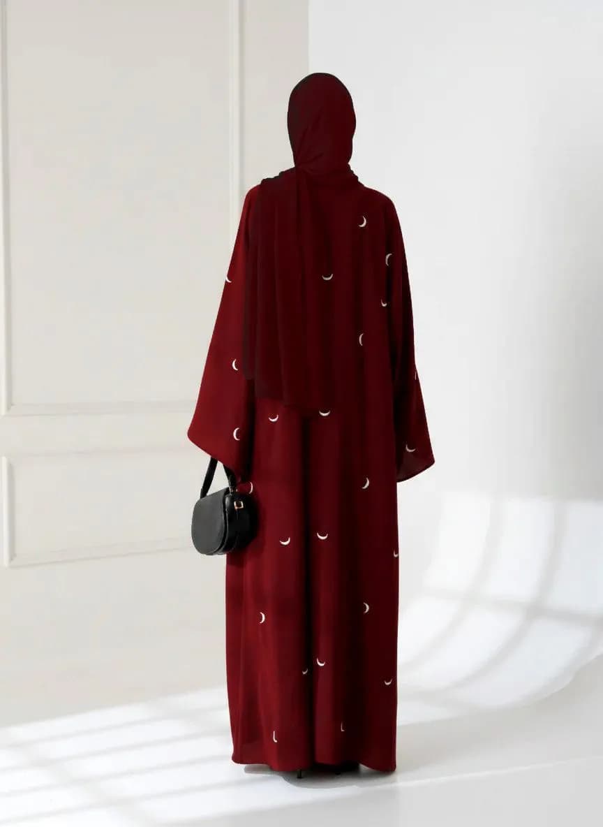 Maroon Georgette Embroidered Abaya with Moon Design