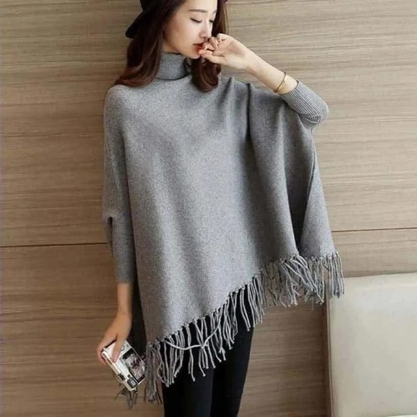 Women Fleece Poncho Cape Grey Fringed Winter Warm