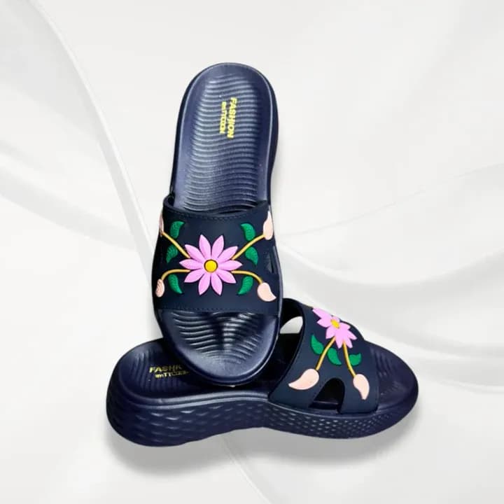 Women's Blue Floral Rexine Slides Comfortable Office Wear