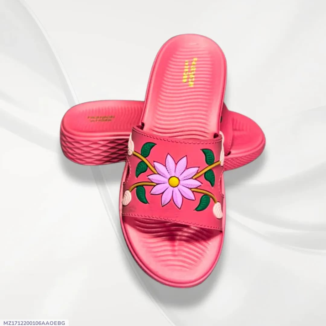 Women's Pink Floral Rexine Slides Comfortable Office Wear