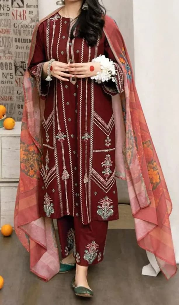 Women Maroon Embroidered 3PC Suit with Digital Printed Voil Dupatta