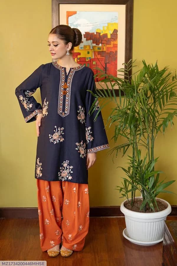 Blue Embroidered Lawn Kurta Set with Orange Trouser for Women
