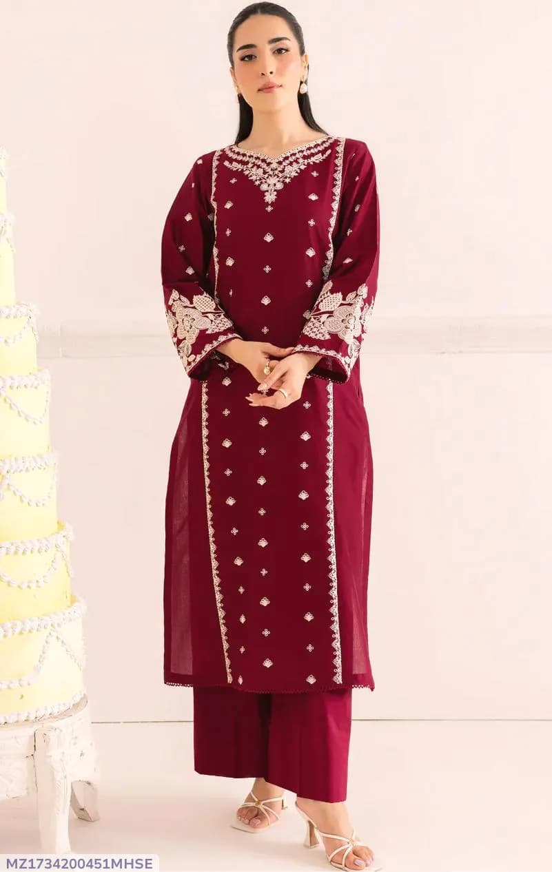 Maroon Embroidered Lawn 2Pcs Kurta Set for Women