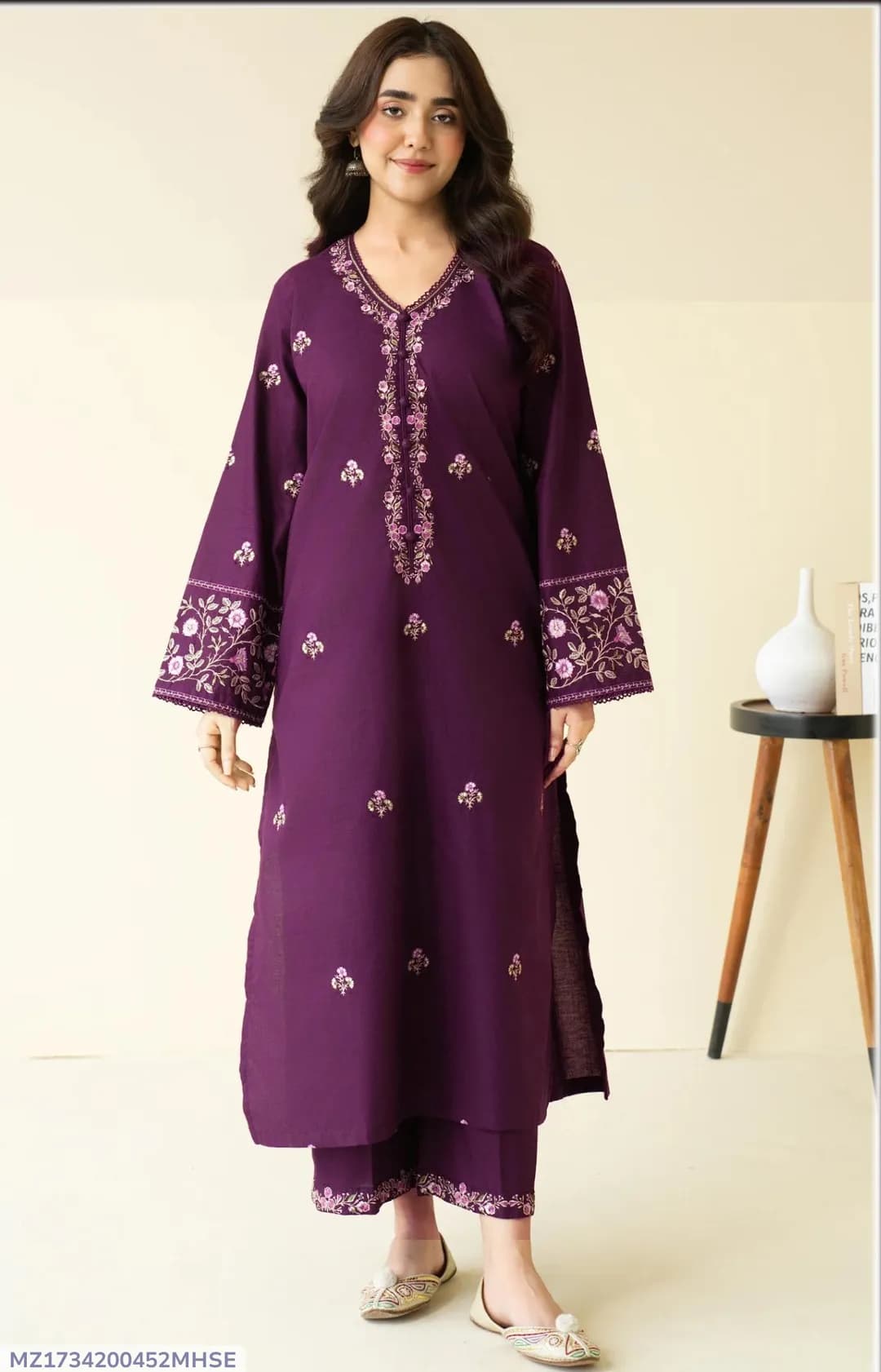 Purple Embroidered Lawn 2Pcs Kurta Set for Women