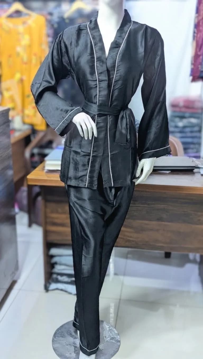 Black Silk Nightgown & Sleepwear Set 2 Pcs