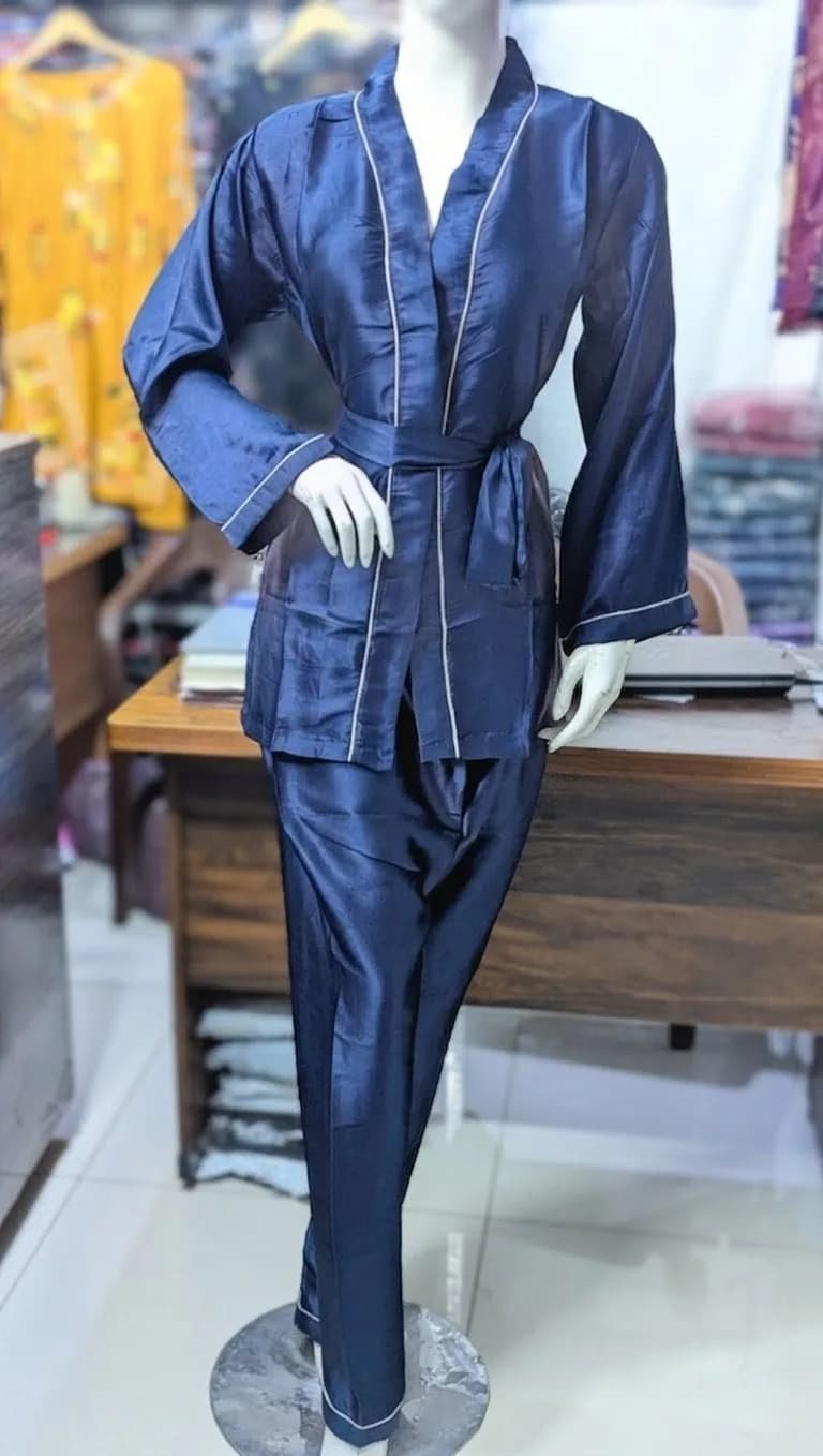 Blue Silk Nightgown Pajamas Set with Trouser