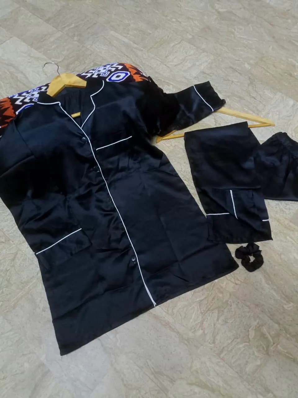 Black Silk 3PC Night Suit with Piping Work