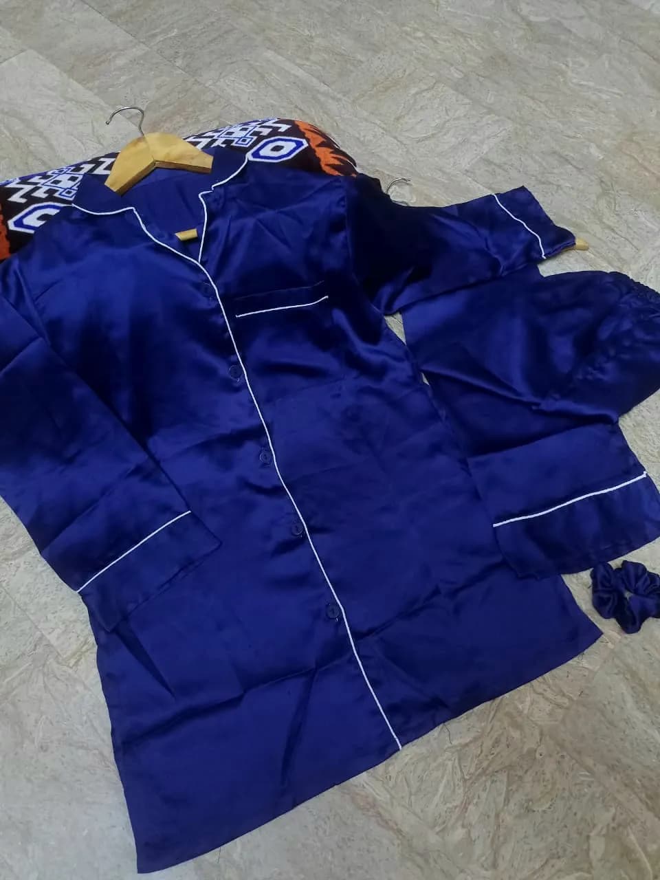Navy Blue Silk 3PC Night Suit with Piping Work