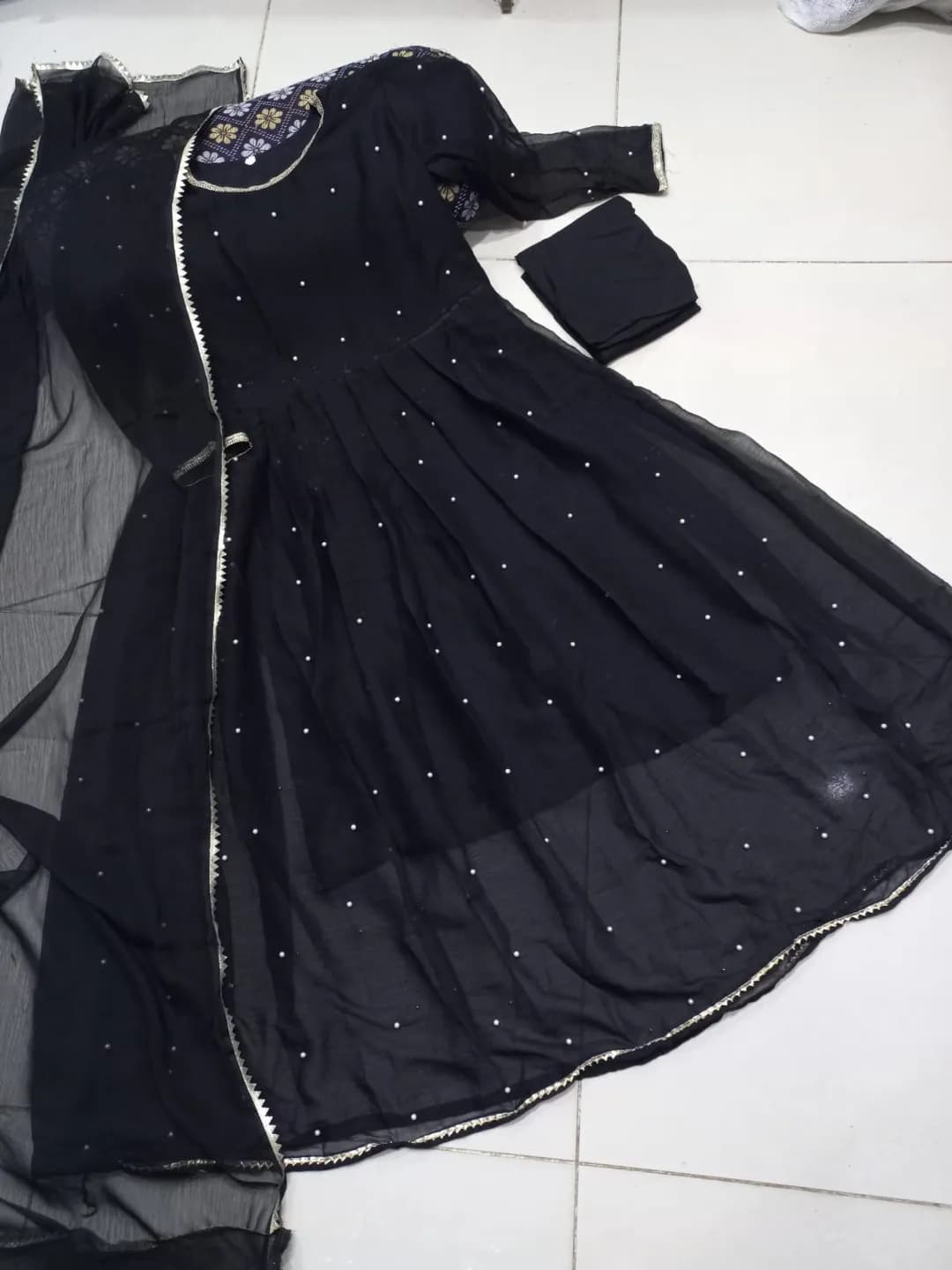 Black Chiffon Pearls Maxi Suit 3PCs with Lace Dupatta