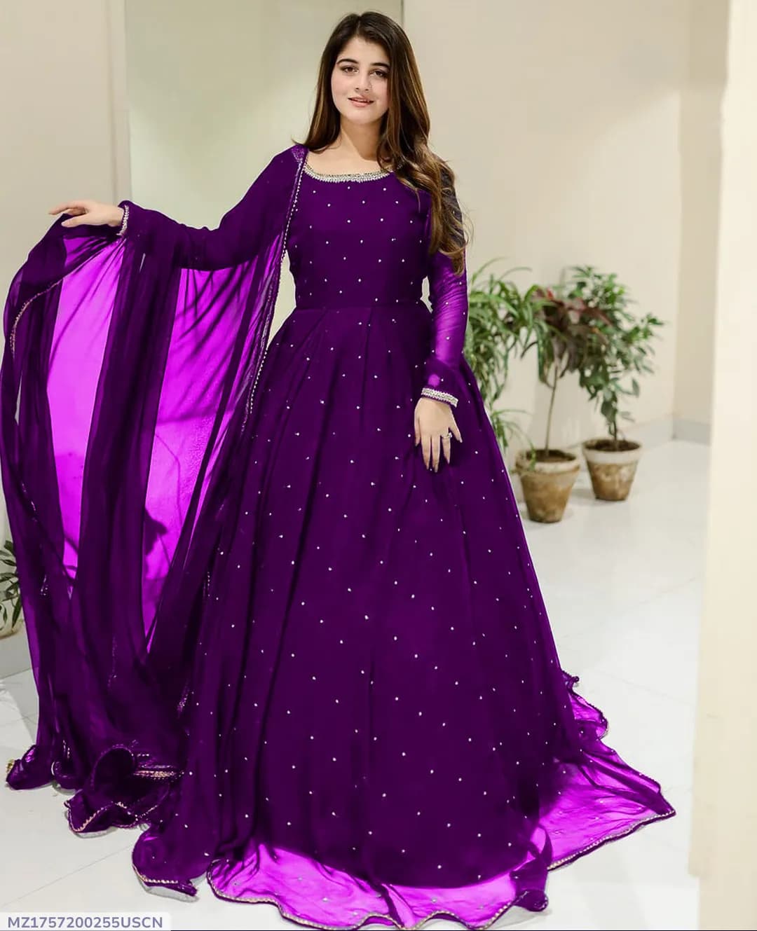 Purple Chiffon Pearls Maxi Suit 3PCs with Lace Dupatta