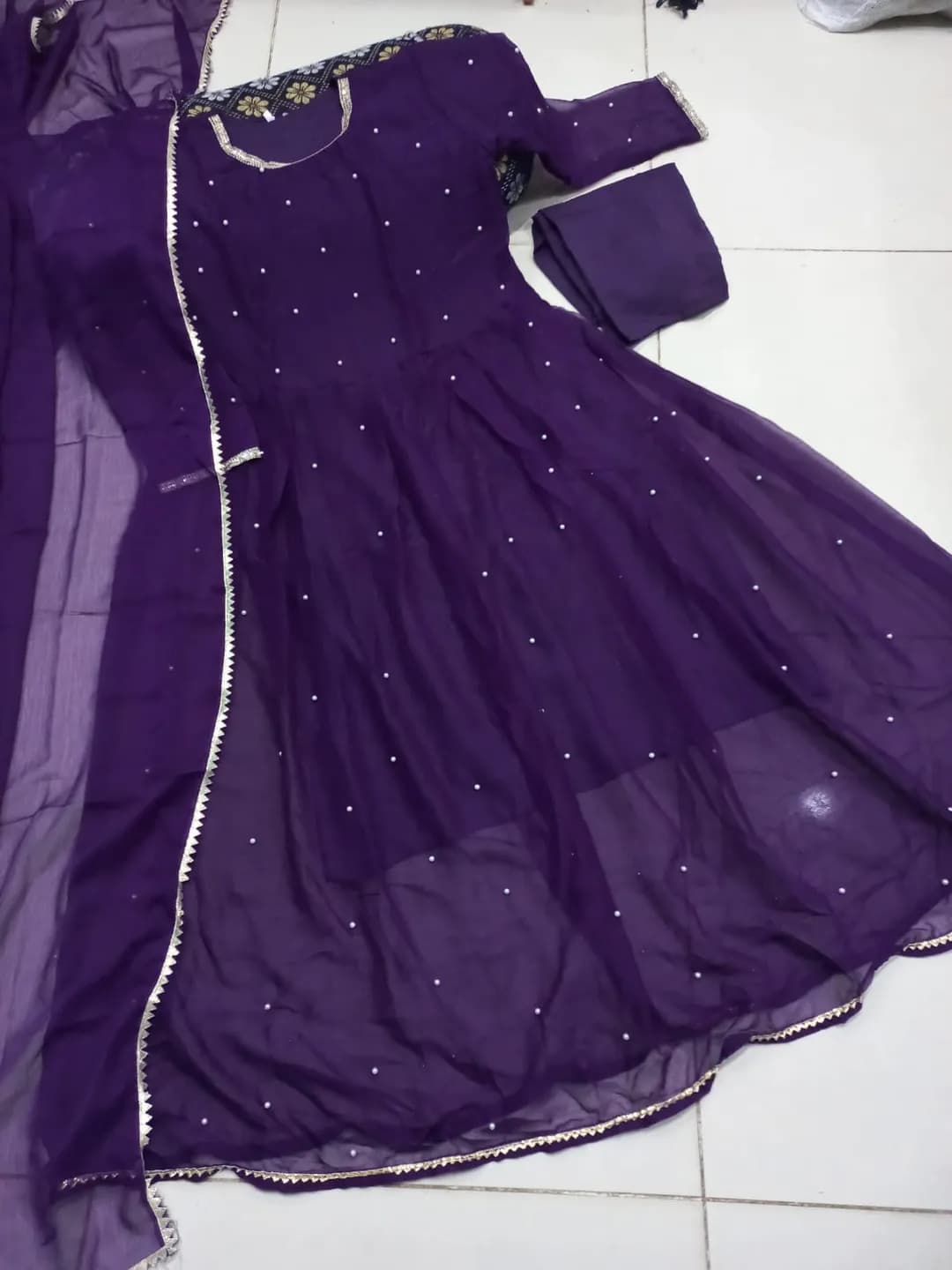Purple Chiffon Pearls Maxi Suit 3PCs with Lace Dupatta
