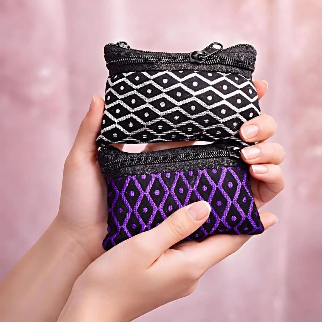 Women's Mini Zipper Purse Purple Black Patterned
