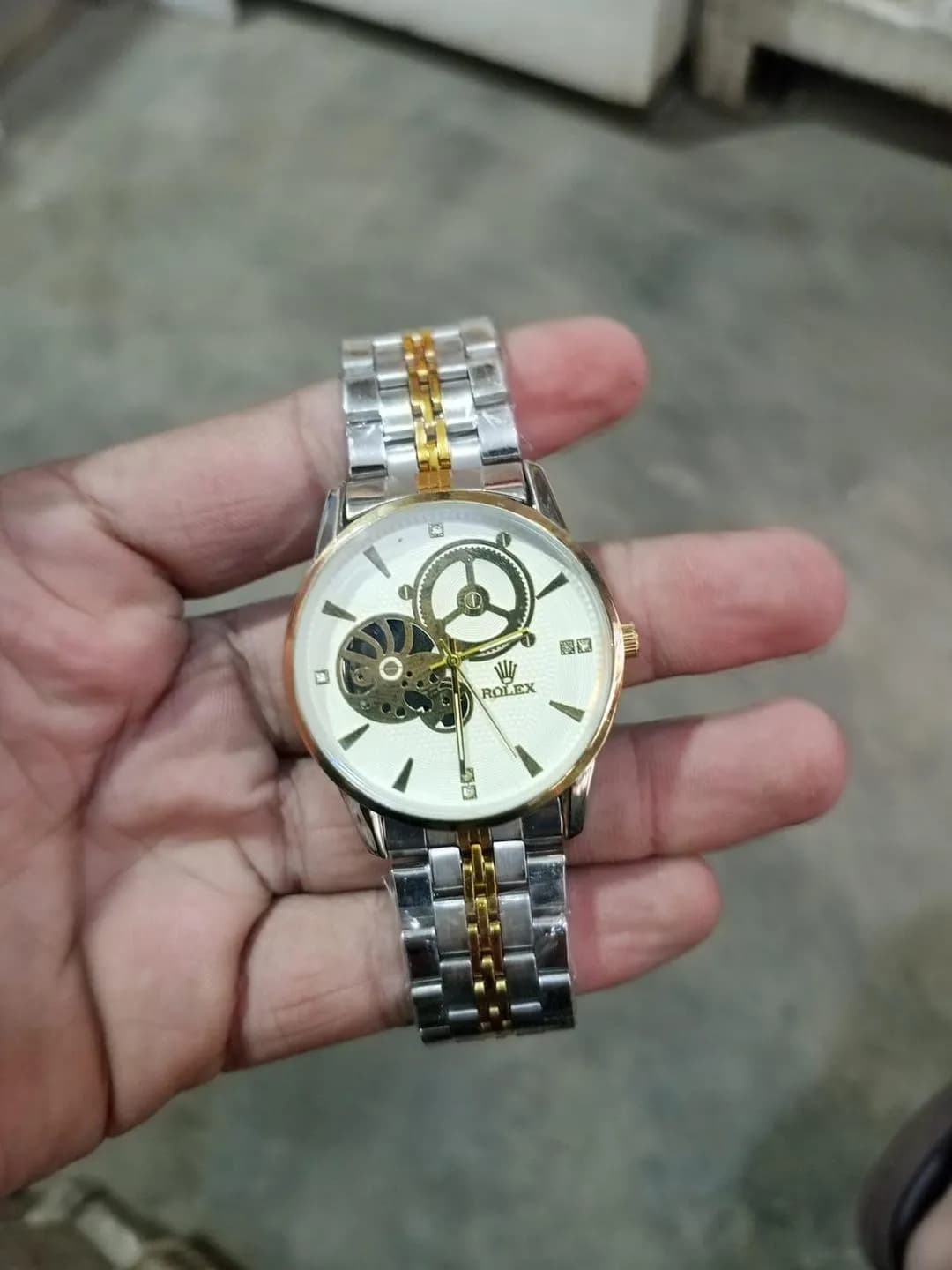 Men's Stainless Steel Skeleton Watch 45mm Gold Baton