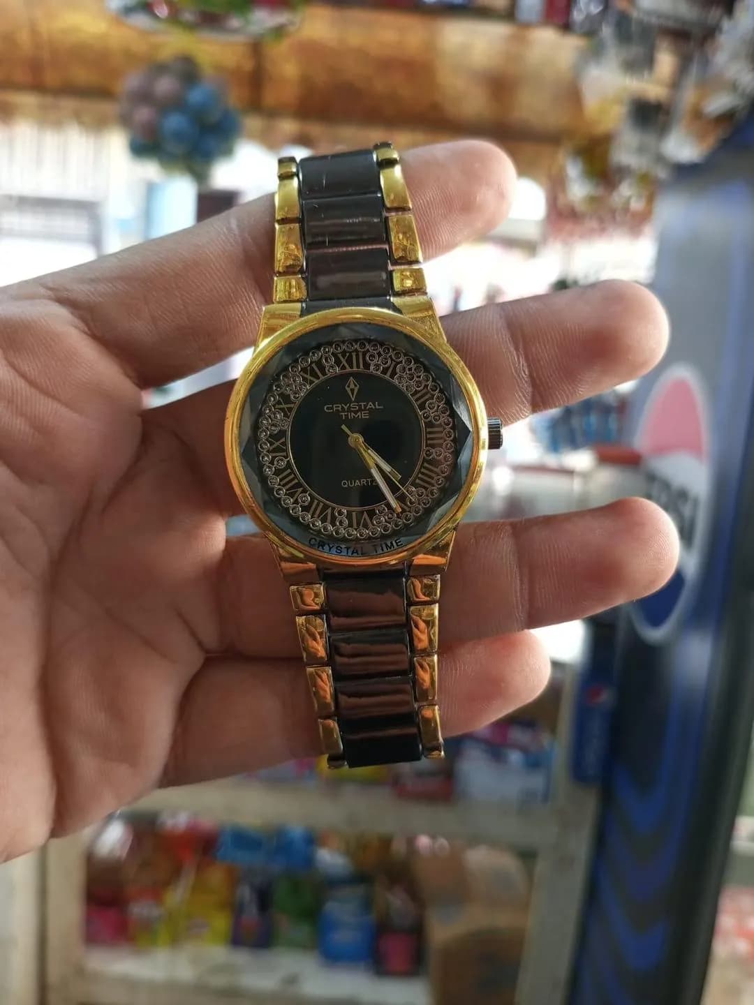 Crystal Time Analog Quartz Watch Gold Black Two Tone