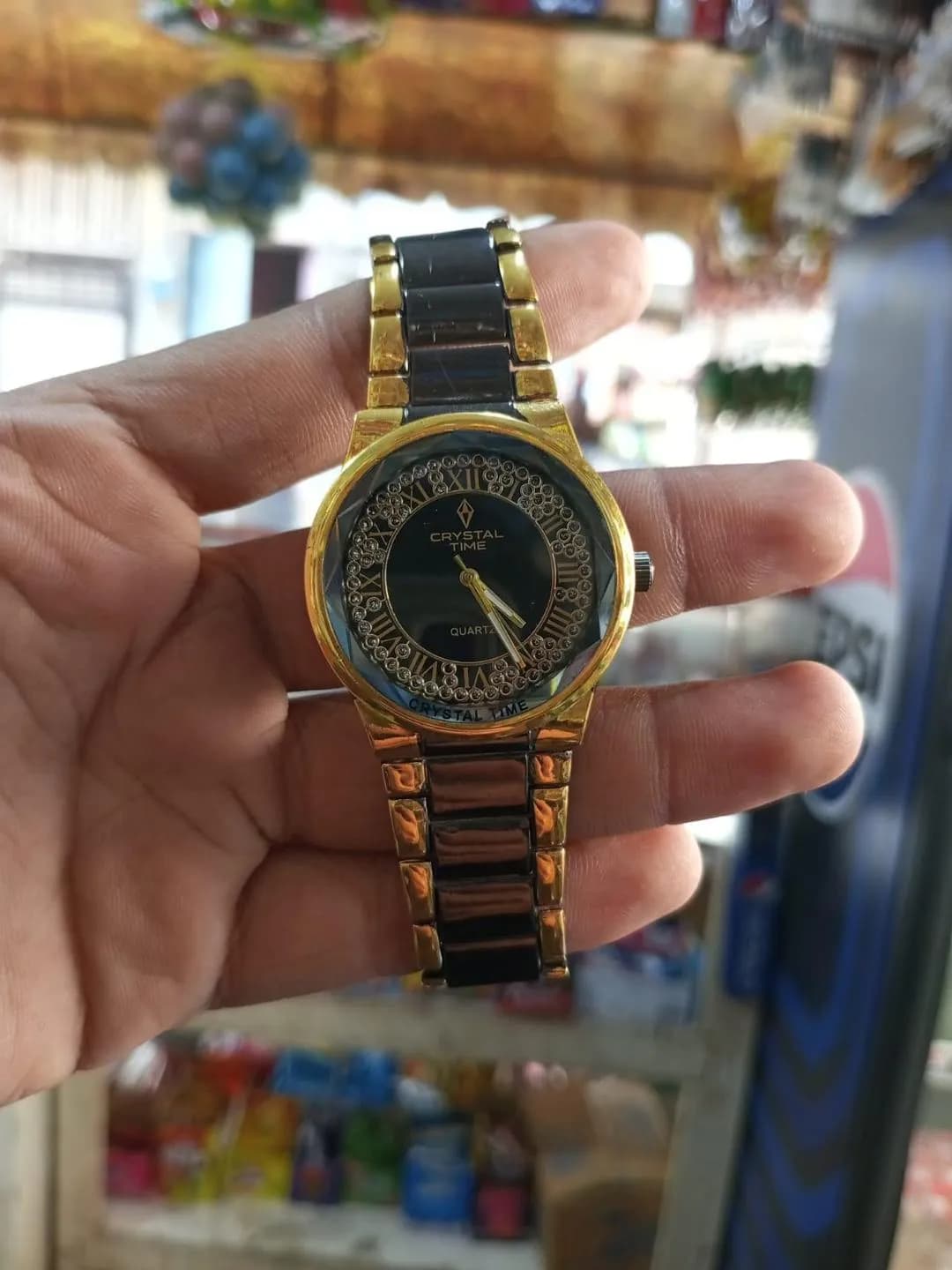 Crystal Time Analog Quartz Watch Gold Black Two Tone