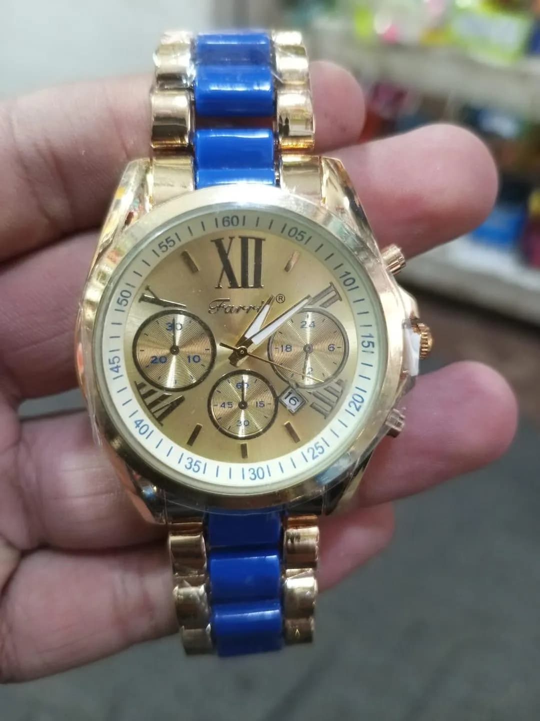 Farr Chronograph Watch Gold Blue Roman Dial