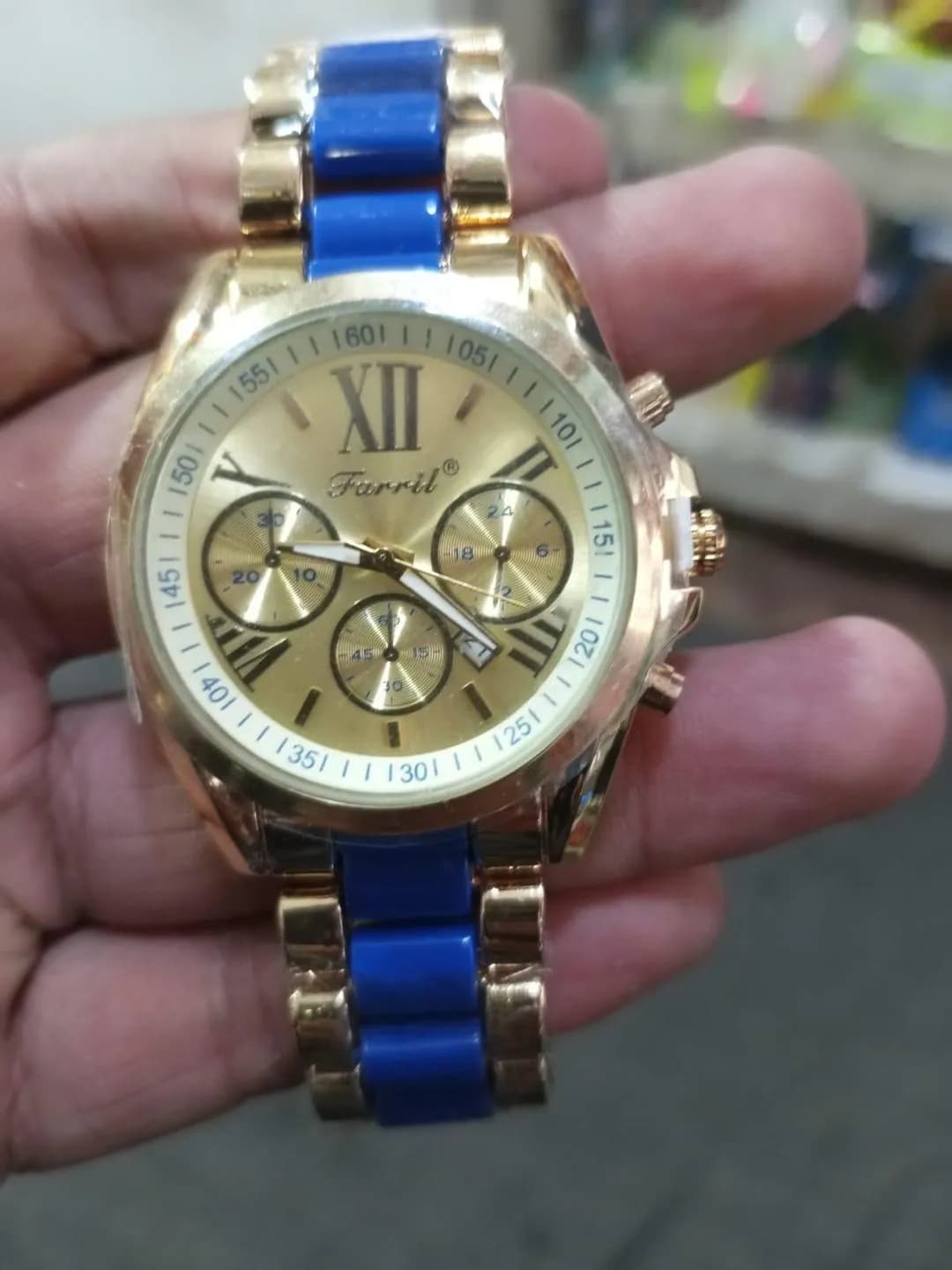 Farr Chronograph Watch Gold Blue Roman Dial