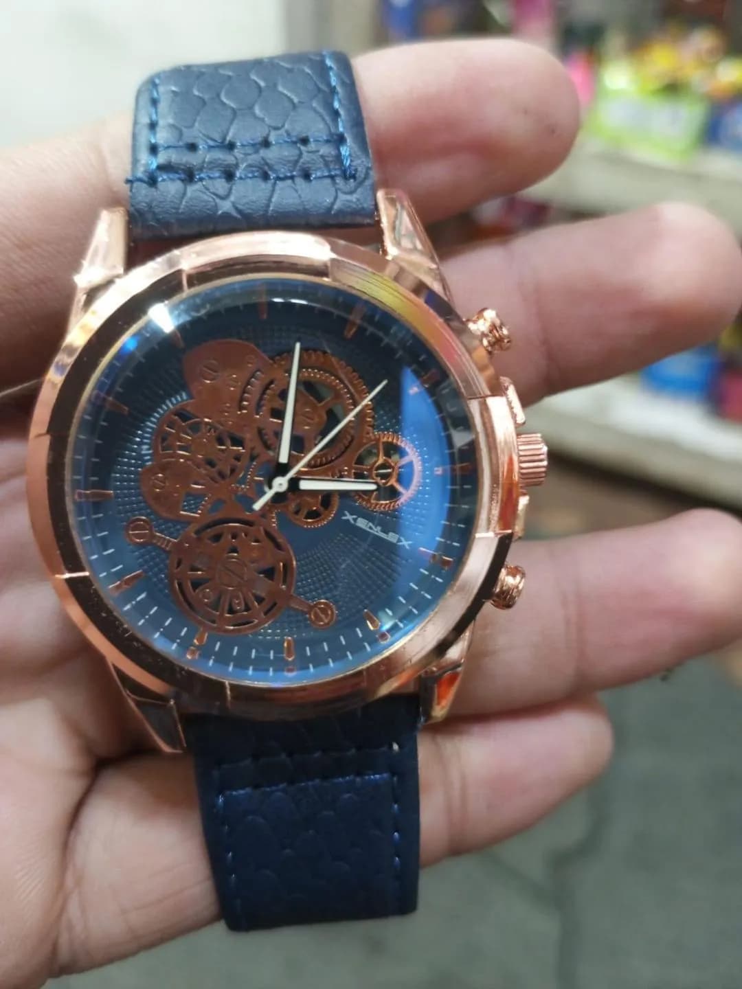 Men's Skeleton Dial Watch Rose Gold Blue Dial