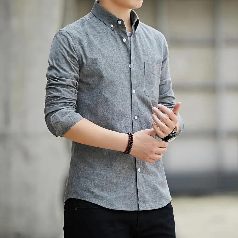 Men Cotton Button Down Shirt Grey Regular Fit