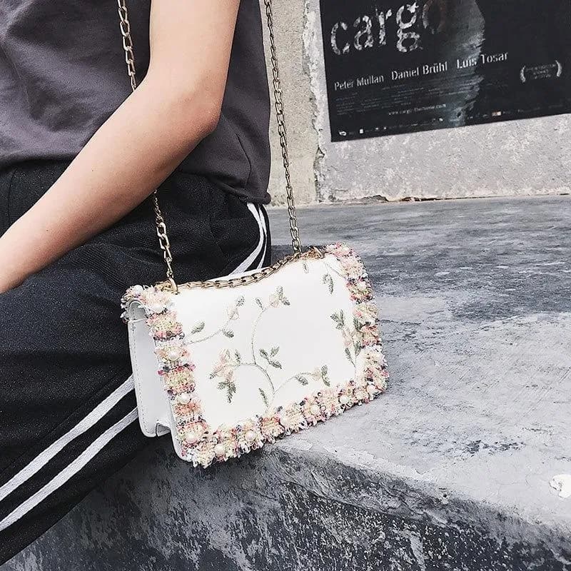 White Floral Embroidered Crossbody Bag for Women
