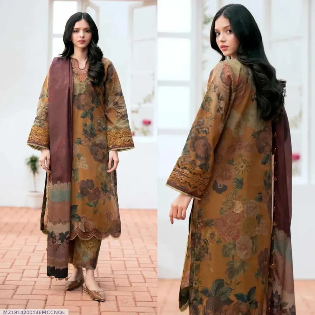 Brown Swiss Lawn 3Pcs Printed Lawn Suit